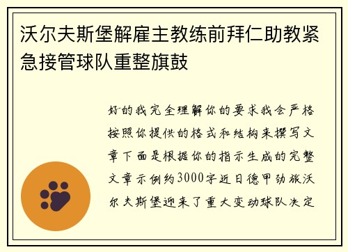 沃尔夫斯堡解雇主教练前拜仁助教紧急接管球队重整旗鼓