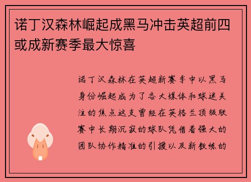 诺丁汉森林崛起成黑马冲击英超前四或成新赛季最大惊喜