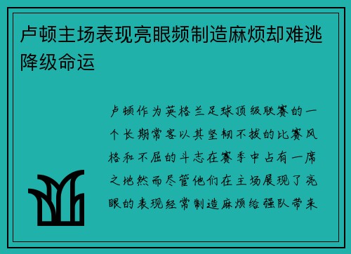 卢顿主场表现亮眼频制造麻烦却难逃降级命运